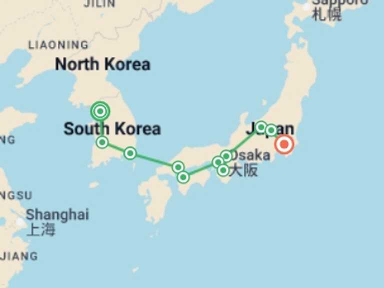 Map itinerary of Asia Tour in January 2027 with 11 destination visits for the trip: Lights Korea and Japan with Mount Fuji