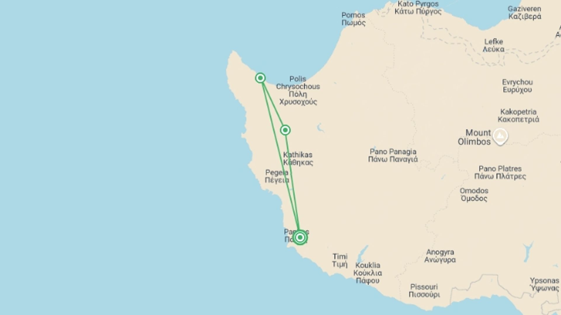A map showing the tour itinerary for the trip: Cyprus Winter Walking, starting in Paphos, Cyprus and ending in Paphos, Cyprus going through 2 other destinations.