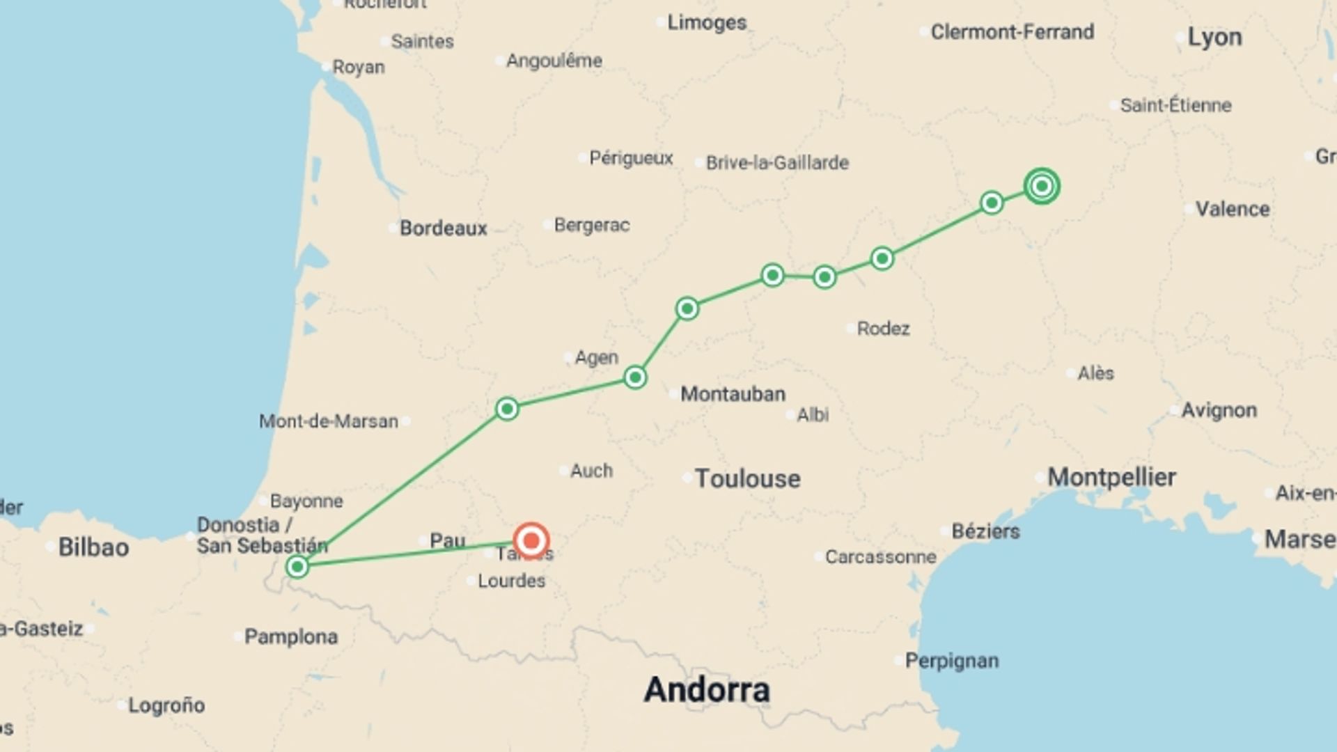 A map showing the tour itinerary for the trip: French Food Lover's Le Puy Camino, starting in Le Puy-en-Velay, France and ending in Pau , France going through 11 other destinations.