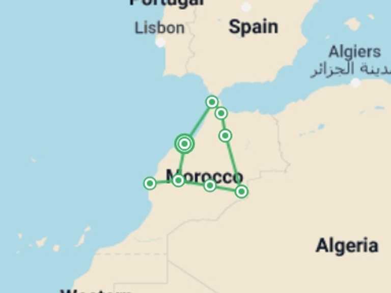 Map of Africa Tour with 10 destination visits for the trip: Twelve Day Morocco Tour From Casablanca