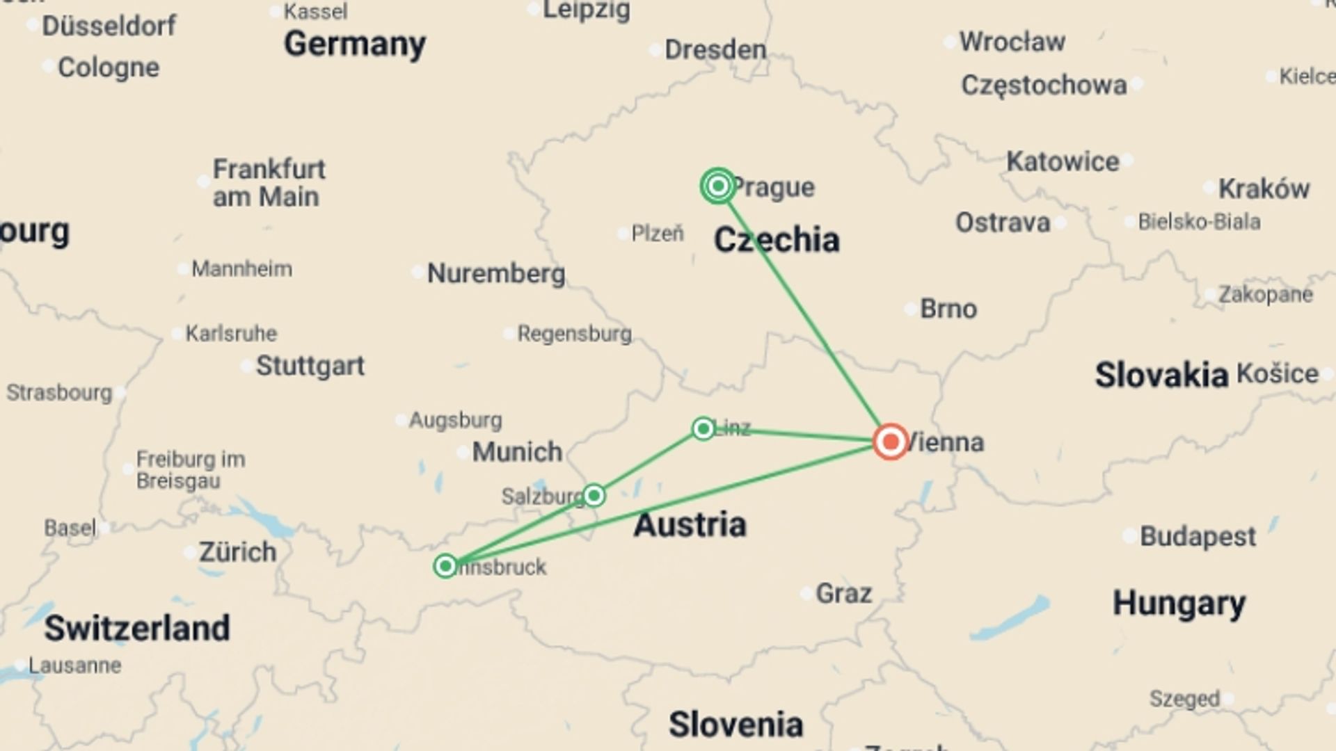 A map showing the tour itinerary for the trip: Top Highlights of Czechia and Austria, ending Vienna, starting in Prague, Czech Republic and ending in Vienna, Austria going through 3 other destinations.
