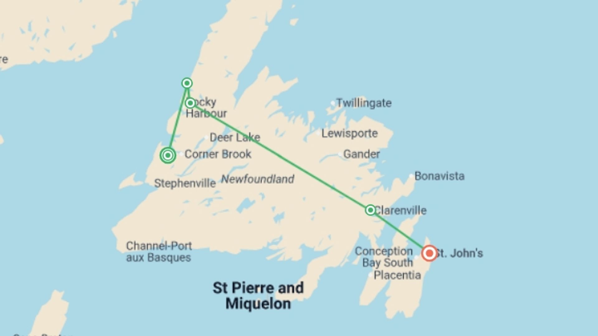 A map showing the tour itinerary for the trip: Newfoundland Discovery (Small Group) - 9 days, starting in Corner Brook, Canada and ending in St. John's, Canada going through 5 other destinations.