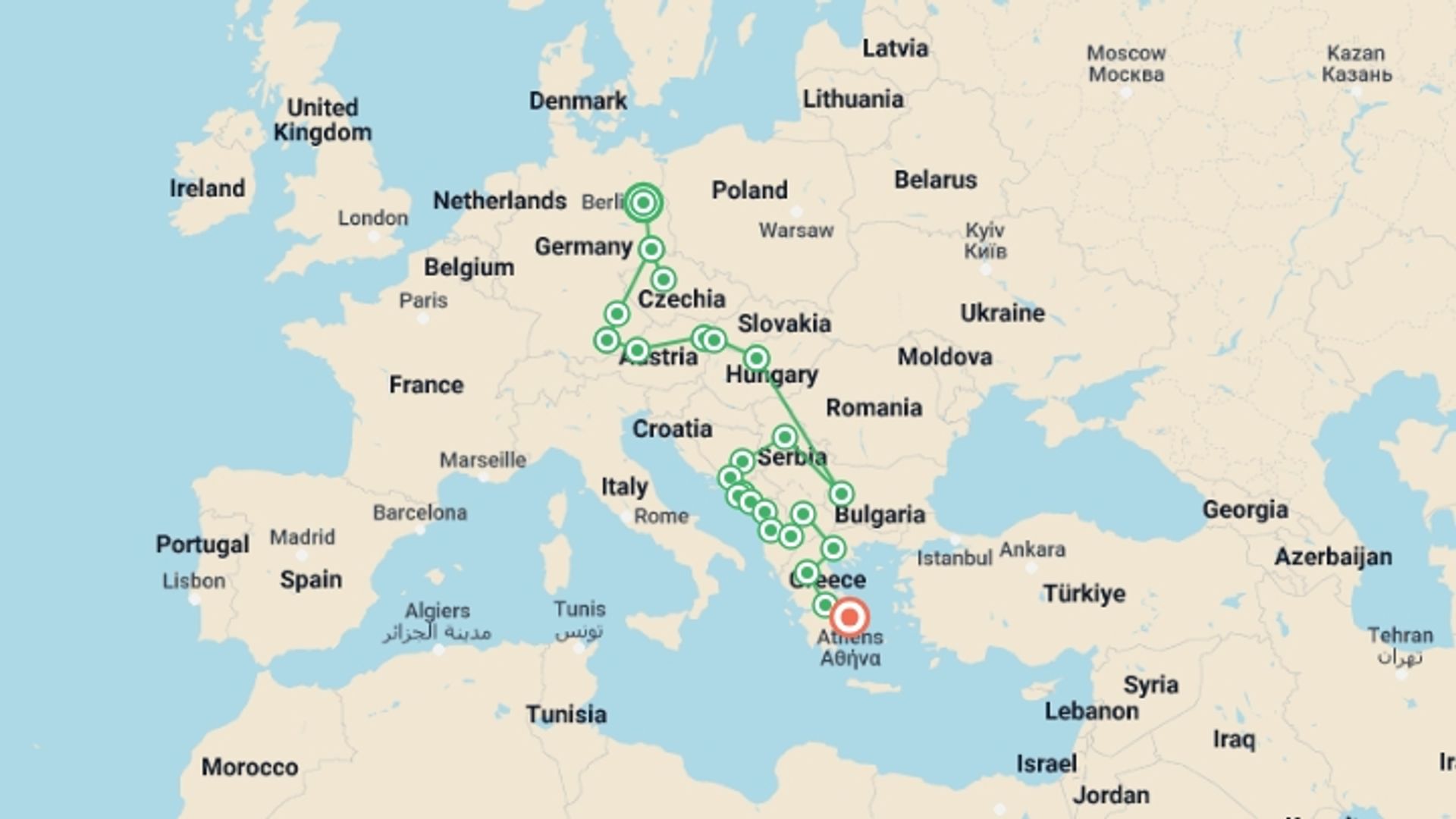 A map showing the tour itinerary for the trip: European Magic 2026, starting in Berlin, Germany and ending in Athens, Greece going through 14 other destinations.