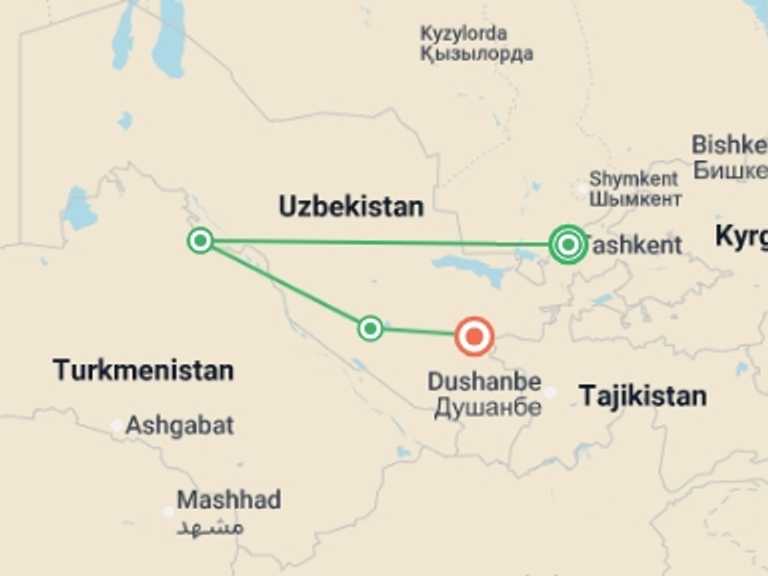 Map itinerary of Asia Tour in December 2026 with 4 destination visits for the trip: Uzbekistan See & Experience it all in 8 days, Luxury Tour