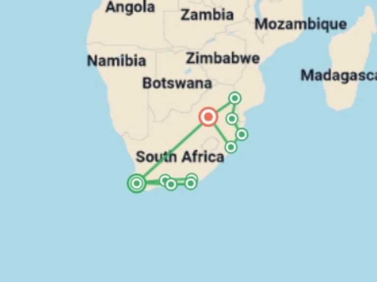 Map of a Sightseeing, attractions, culture and history Tour with 9 destination visits for the trip: Sea, Safari, South Africa