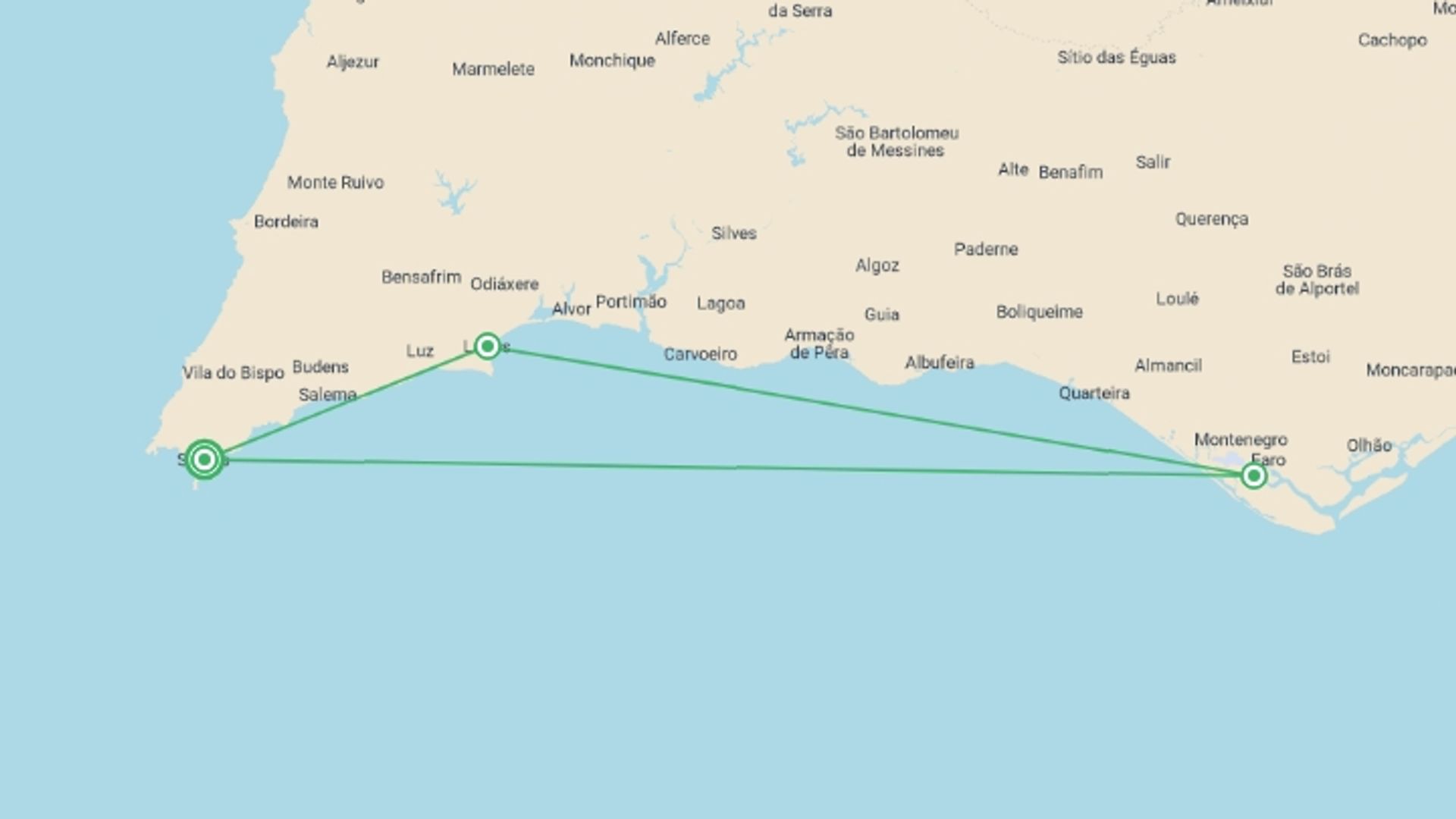 A map showing the tour itinerary for the trip: Cycling in The Real Algarve, starting in Sagres, Portugal and ending in Sagres, Portugal going through 2 other destinations.