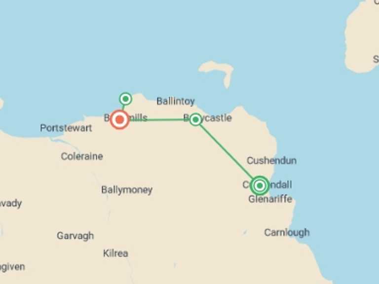 Map itinerary of Europe Tour in Fall with 4 destination visits for the trip: Walking the Antrim Coast