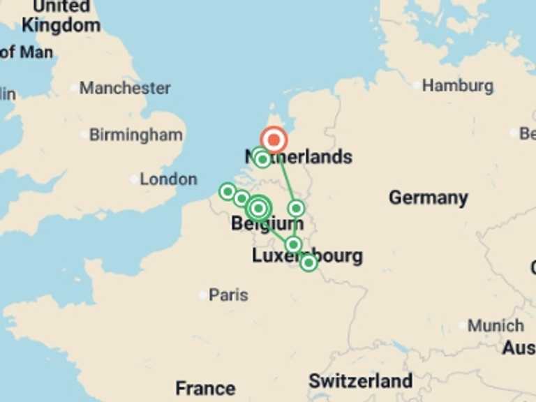 Map itinerary of Amsterdam Tour in Summer with 4 destination visits for the trip: Best of Holland, Belgium and Luxembourg