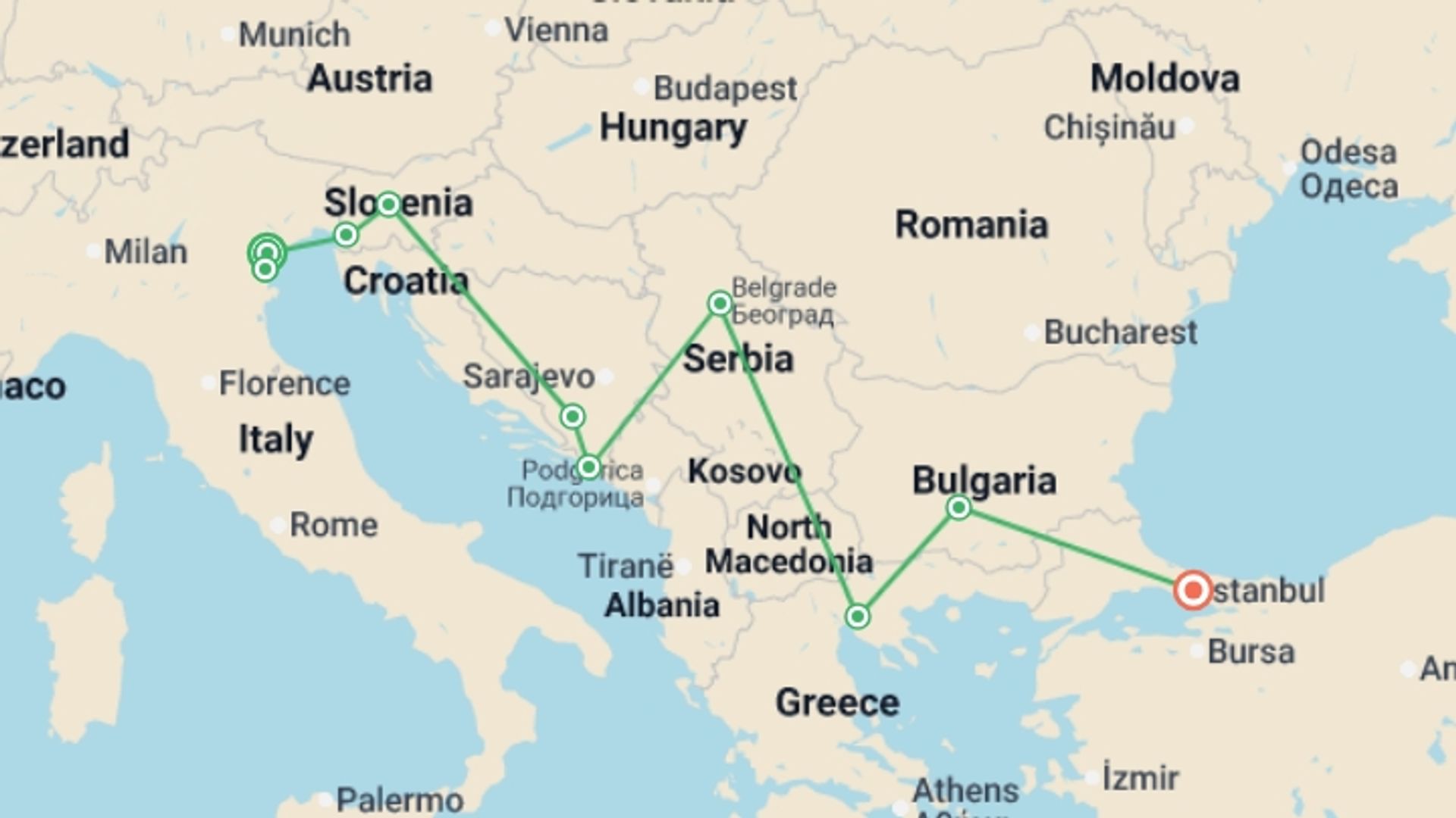 A map showing the tour itinerary for the trip: Cruise & Rail: Venice, Istanbul & the Balkans (2026), starting in Venice, Italy and ending in Istanbul, Turkey going through 8 other destinations.