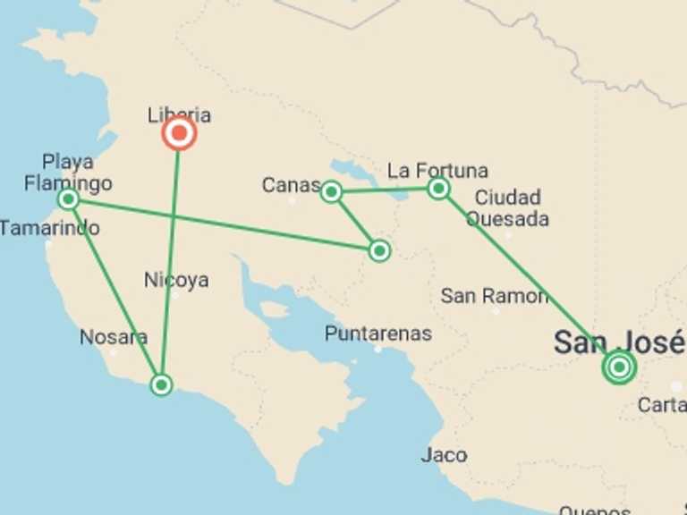 Map of a Zip lining Tour with 7 destination visits for the trip: Costa Rica Active Escape