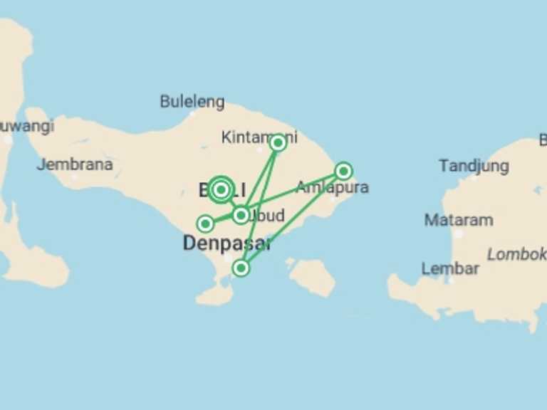 Map of Indonesia Tour with 6 destination visits for the trip: Bali MTB Explorer