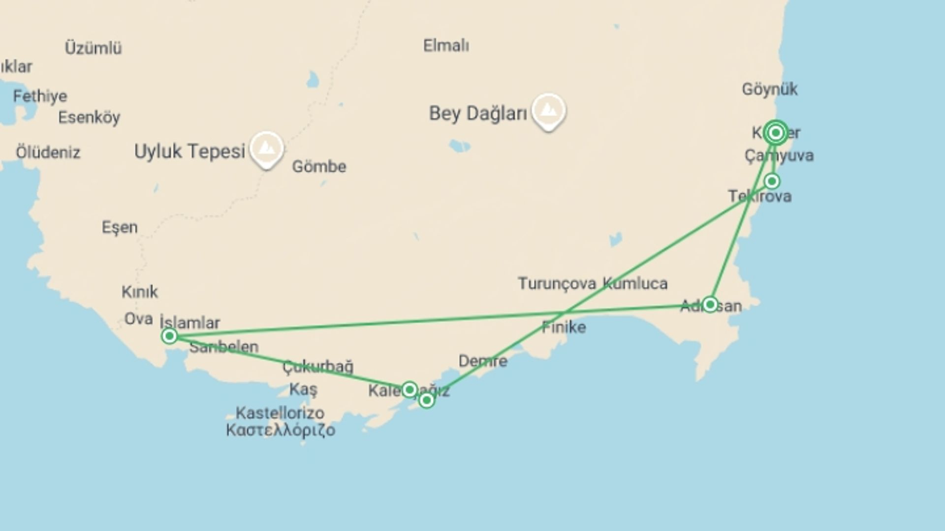 A map showing the tour itinerary for the trip: Gulet Cruise, Kemer – Kekova – Kemer, starting in Kemer, Turkey and ending in Kemer, Turkey going through 5 other destinations.