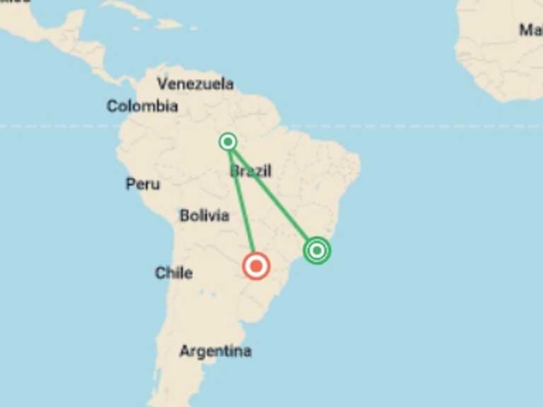 Map of 9-Day Foz Do Iguacu Tour with 3 destination visits for the trip: Rio, the Amazon & Iguazu Falls (Superior) - 9 days