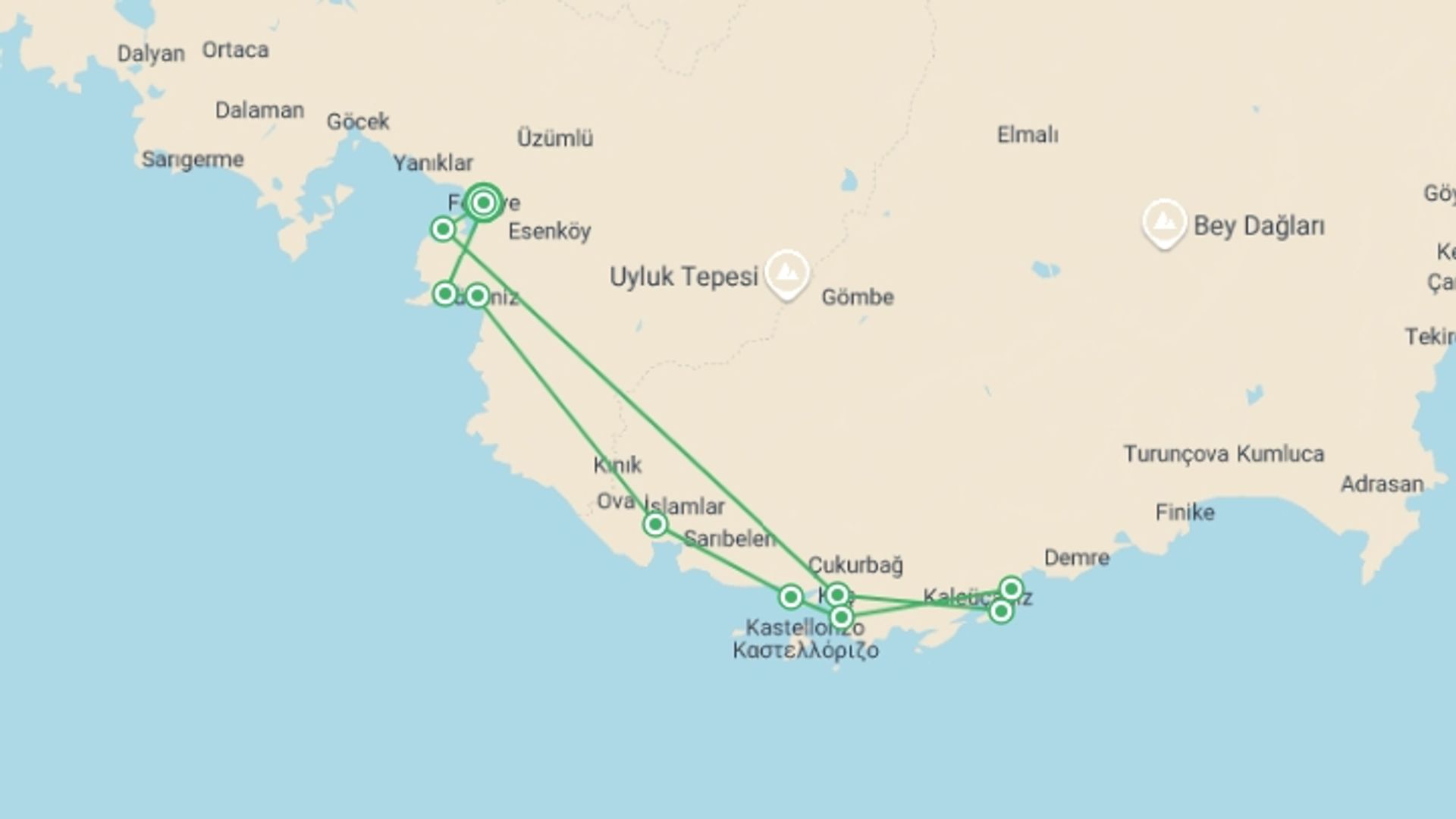 A map showing the tour itinerary for the trip: Turkey Family Cruise - 7 days, starting in Fethiye, Turkey and ending in Fethiye, Turkey going through 6 other destinations.