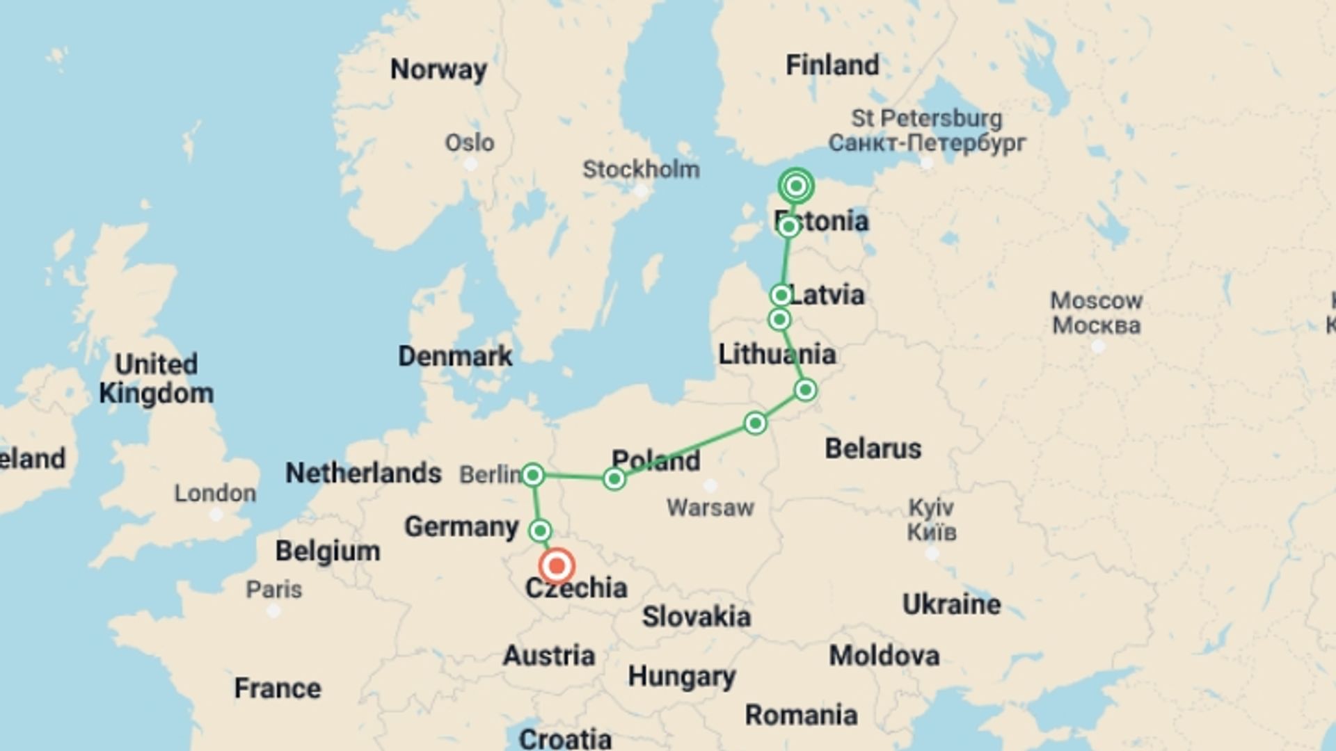 A map showing the tour itinerary for the trip: Stunning Baltics End Prague, starting in Tallinn, Estonia and ending in Prague, Czech Republic going through 3 other destinations.