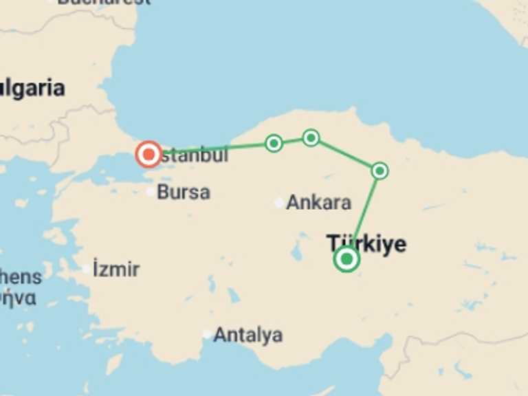Map of Cappadocia Tour with 5 destination visits for the trip: Hattusa and Black Sea Explorer