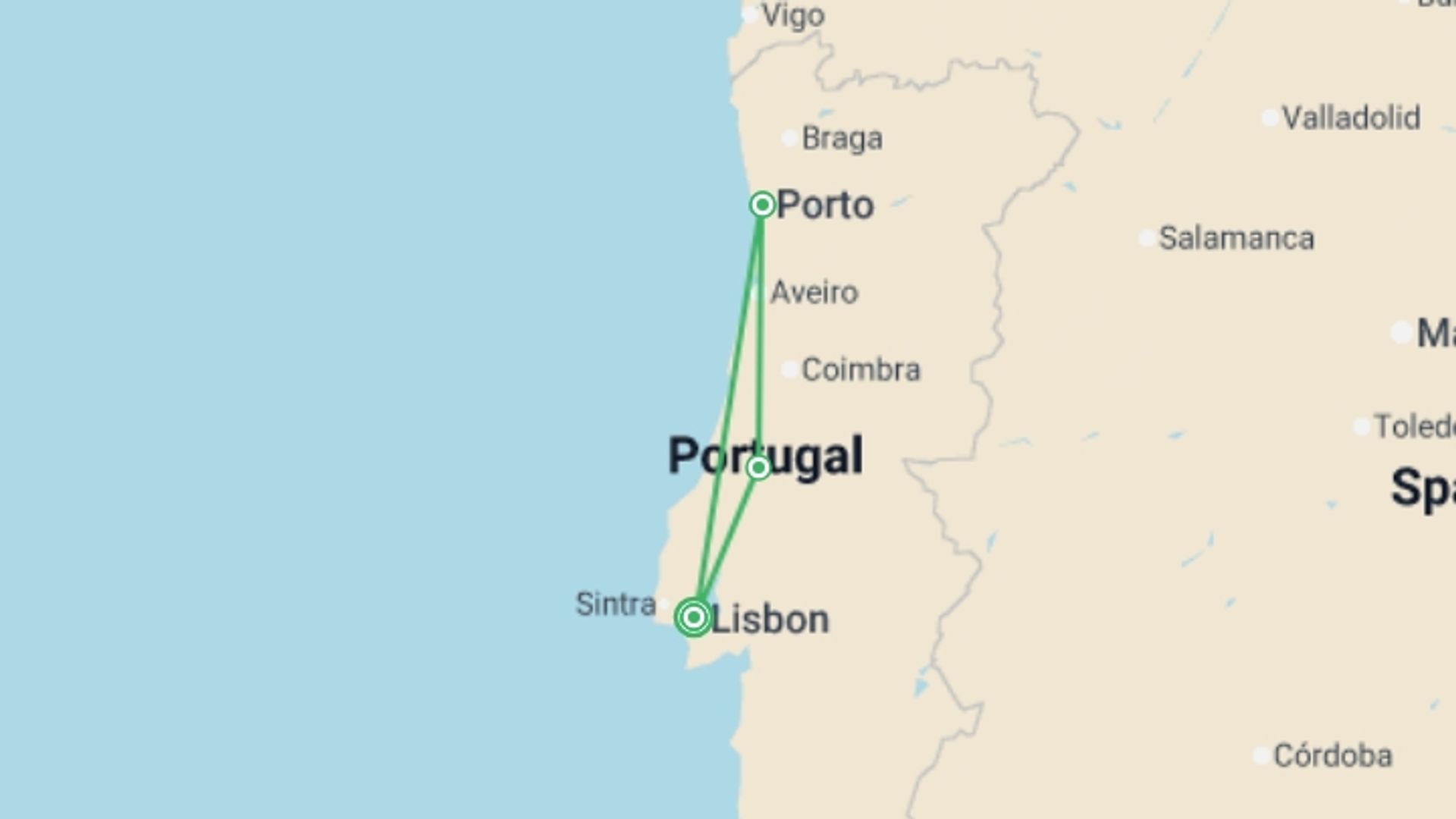 A map showing the tour itinerary for the trip: Taste of Portugal - 7 days, starting in Lisbon, Portugal and ending in Lisbon, Portugal going through 2 other destinations.