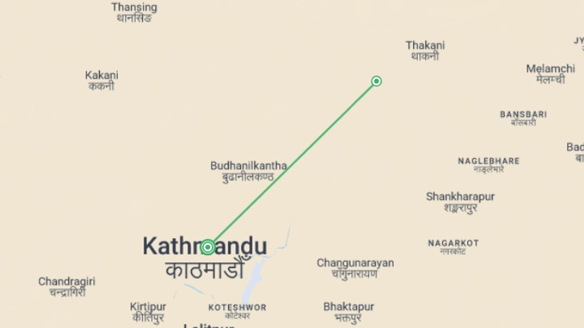 A map showing the tour itinerary for the trip: Nagarkot Trek (Trek in Kathmandu), starting in Kathmandu, Nepal and ending in Kathmandu, Nepal going through 1 other destinations.