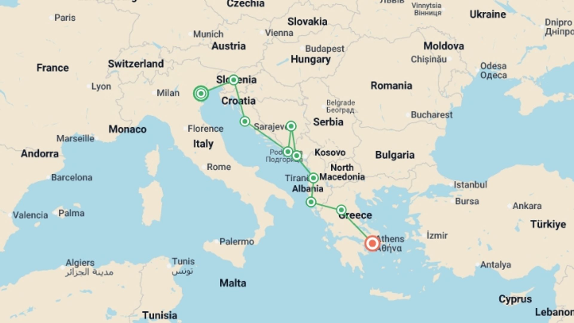 A map showing the tour itinerary for the trip: Venice to Athens: Culture & Coastline, starting in Venice, Italy and ending in Athens, Greece going through 8 other destinations.