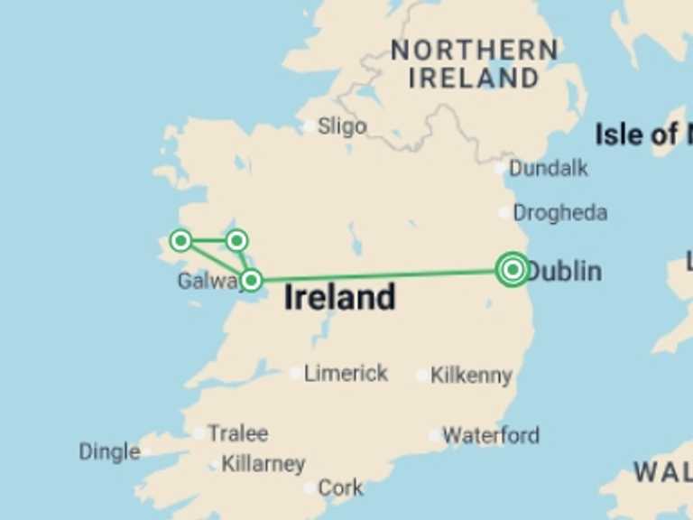 Map of Dublin City sightseeing Tour with 2 destination visits for the trip: Best of West Ireland - 3 days