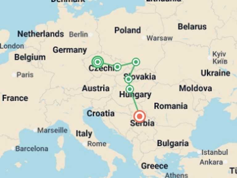 Map itinerary of Budapest Tour in September 2026 with 6 destination visits for the trip: Premium Central Europe