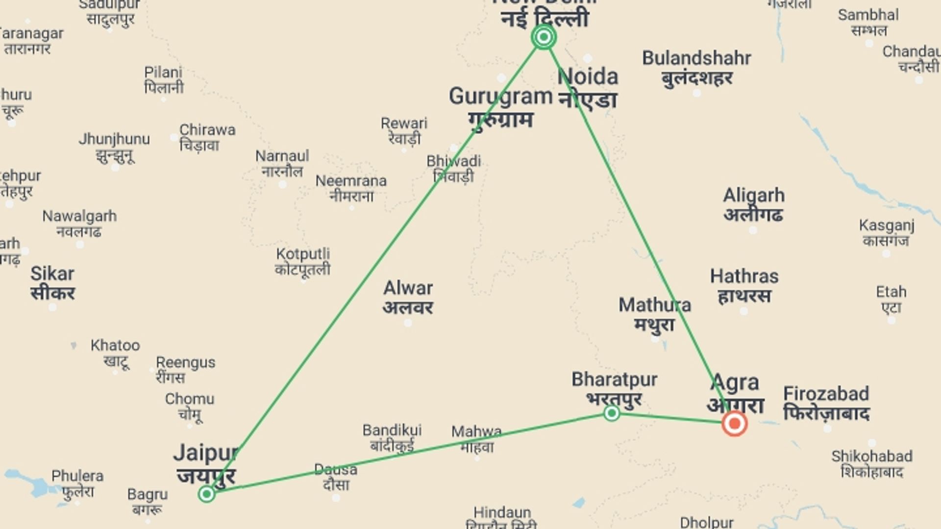 A map showing the tour itinerary for the trip: India Golden Triangle Premium Tour with Bharatpur, starting in New Delhi, India and ending in Agra, India going through 2 other destinations.