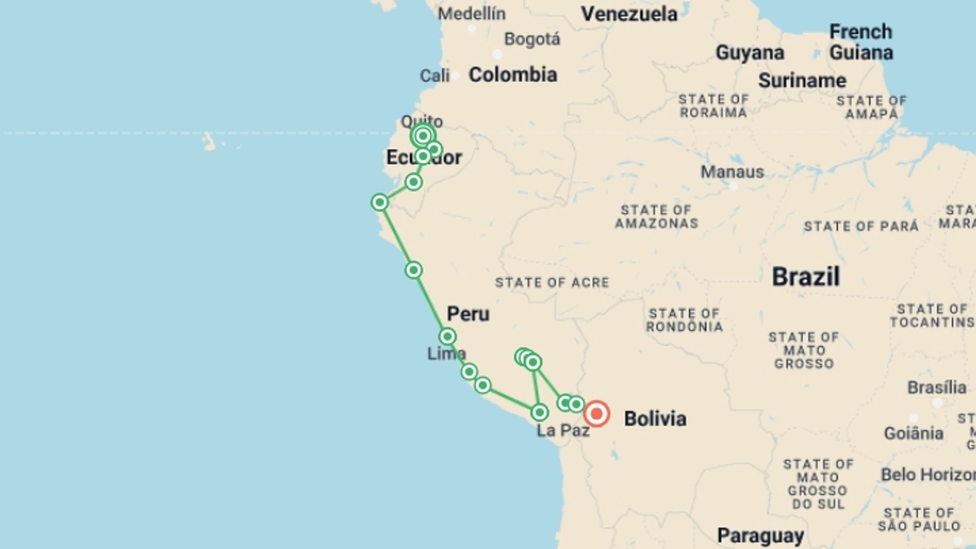 A map showing the tour itinerary for the trip: Quito to La Paz: Amazon & Ancient Cultures, starting in Quito, Ecuador and ending in La Paz, Bolivia going through 14 other destinations.