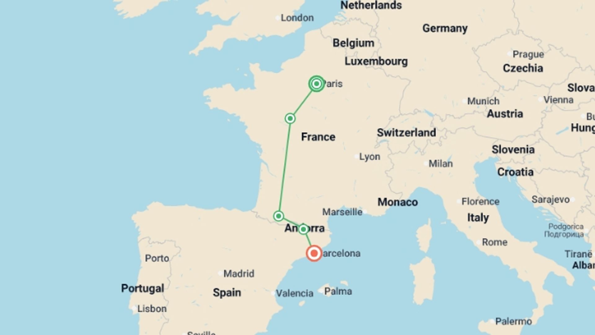A map showing the tour itinerary for the trip: Paris, Lourdes and Barcelona, starting in Paris, France and ending in Barcelona, Spain going through 3 other destinations.