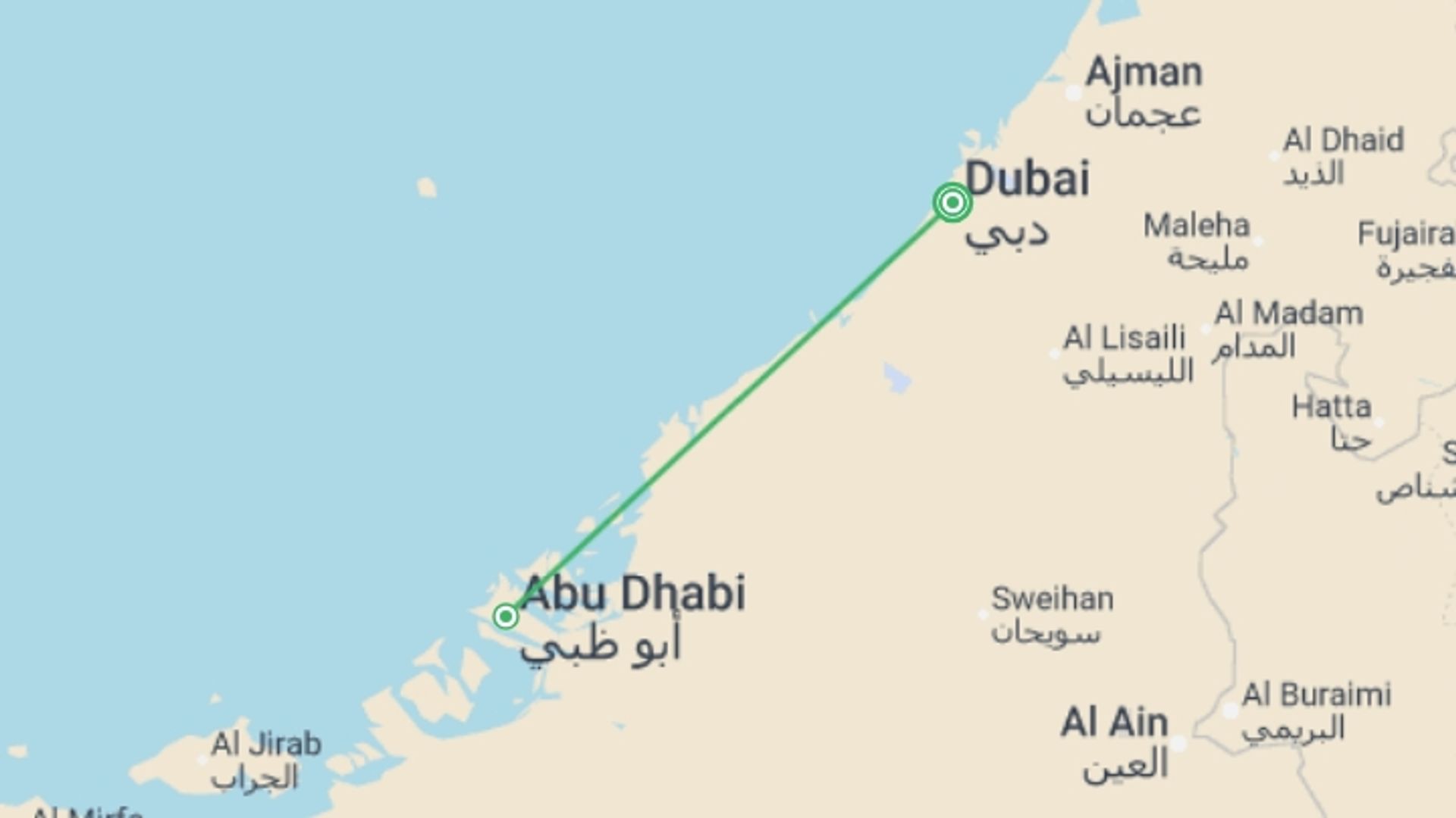 A map showing the tour itinerary for the trip: Abu Dhabi Explorer From Dubai - 3 days, starting in Dubai, UAE and ending in Dubai, UAE going through 0 other destinations.