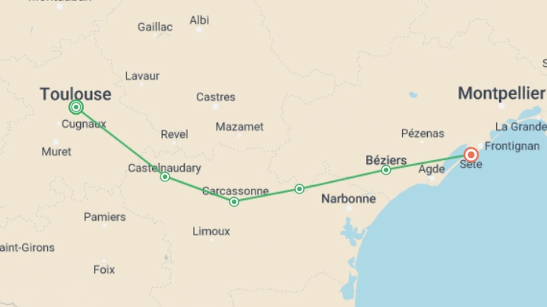A map showing the tour itinerary for the trip: Canal du midi Cycling : from Toulouse to Sete, starting in Toulouse, France and ending in Sète, France going through 4 other destinations.