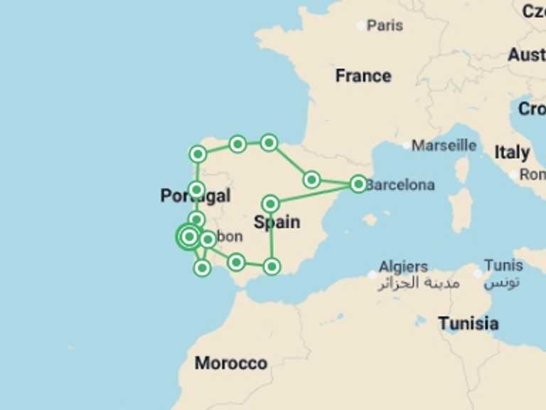 Map of Portugal Tour with 13 destination visits for the trip: Iberian Odyssey Serene Coasts, Historic Cities - 19 days