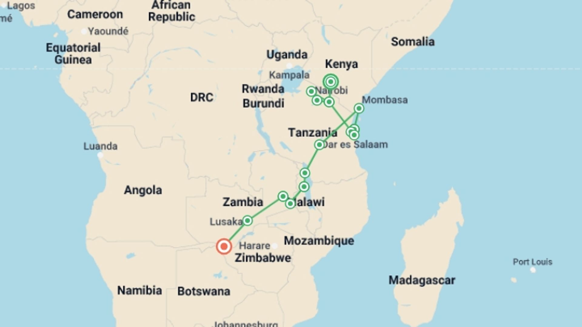 A map showing the tour itinerary for the trip: Serengeti to Victoria Falls Overland: Night Stars & Spices, starting in Nairobi, Kenya and ending in Victoria Falls, Zimbabwe going through 13 other destinations.