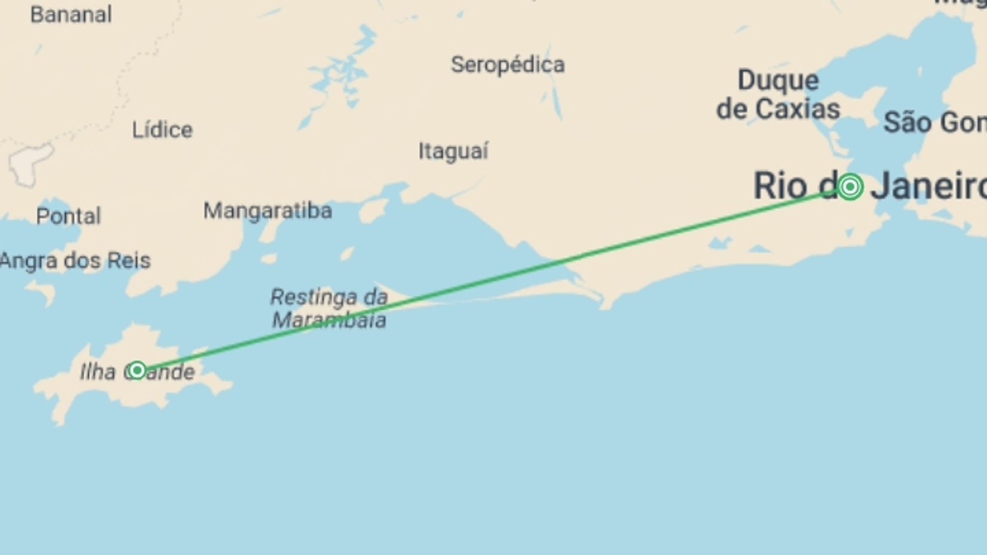 A map showing the tour itinerary for the trip: Ilha Grande Experience 4D/3N, starting in Rio de Janeiro, Brazil and ending in Rio de Janeiro, Brazil going through 1 other destinations.
