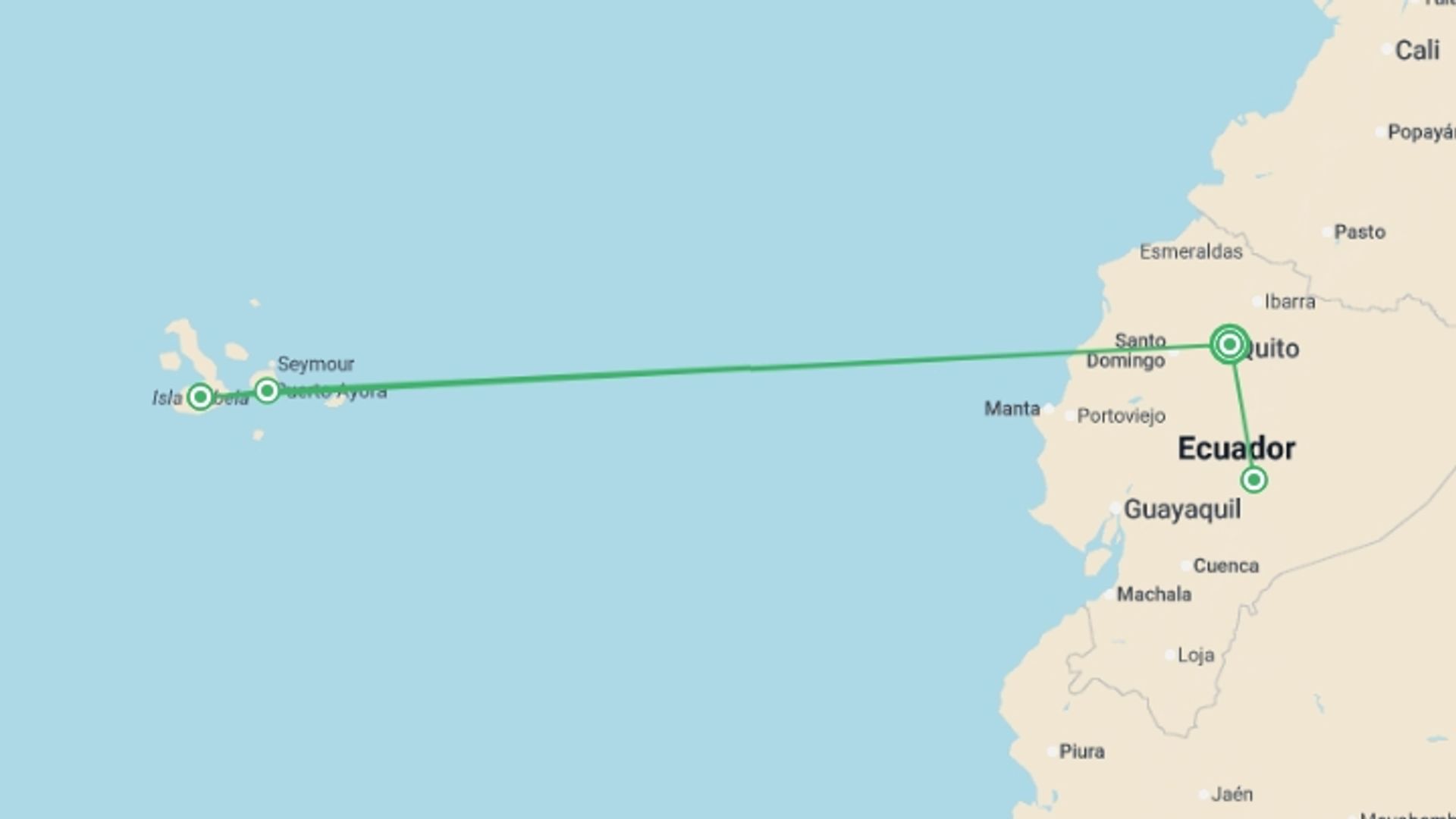 A map showing the tour itinerary for the trip: Wild Galapagos & Amazon - 10 days, starting in Quito, Ecuador and ending in Quito, Ecuador going through 3 other destinations.