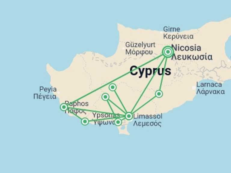 Map itinerary of Cyprus Tour in September 2025 with 4 destination visits for the trip: Aphrodite's Tour