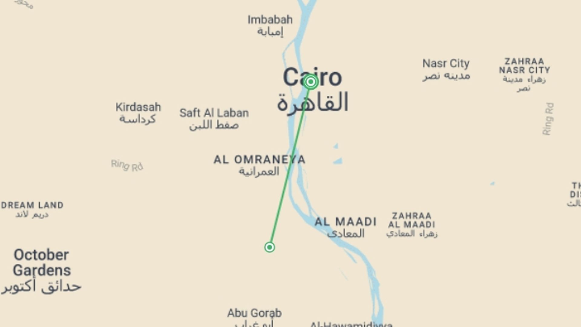 A map showing the tour itinerary for the trip: Cairo City Stay - 4 days, starting in Cairo, Egypt and ending in Cairo, Egypt going through 1 other destinations.