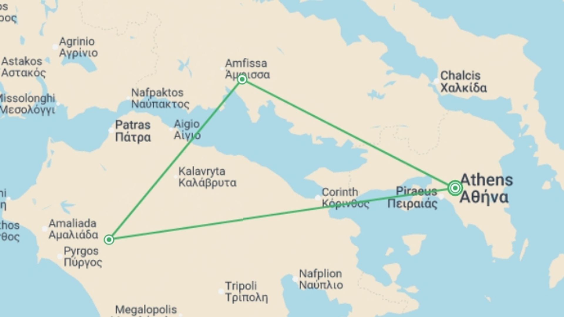 A map showing the tour itinerary for the trip: 3 Days Classical Tour Epidavros, Mycenae, Olympia, Delphi, starting in Archaia Olympia, Greece and ending in Archaia Olympia, Greece going through 3 other destinations.