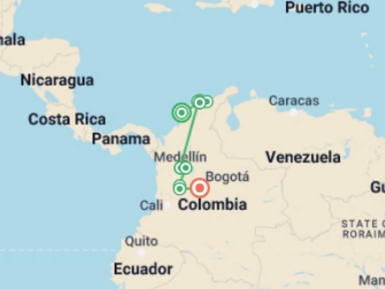 Map itinerary of Bogota Tour in June 2026 with 10 destination visits for the trip: Complete Colombia: Coastal Caribbean & Inland Hidden Gems