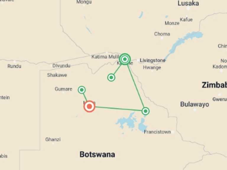 Map itinerary of Botswana Tour in Spring with 5 destination visits for the trip: Complete Botswana: National Parks & Delta Wildlife