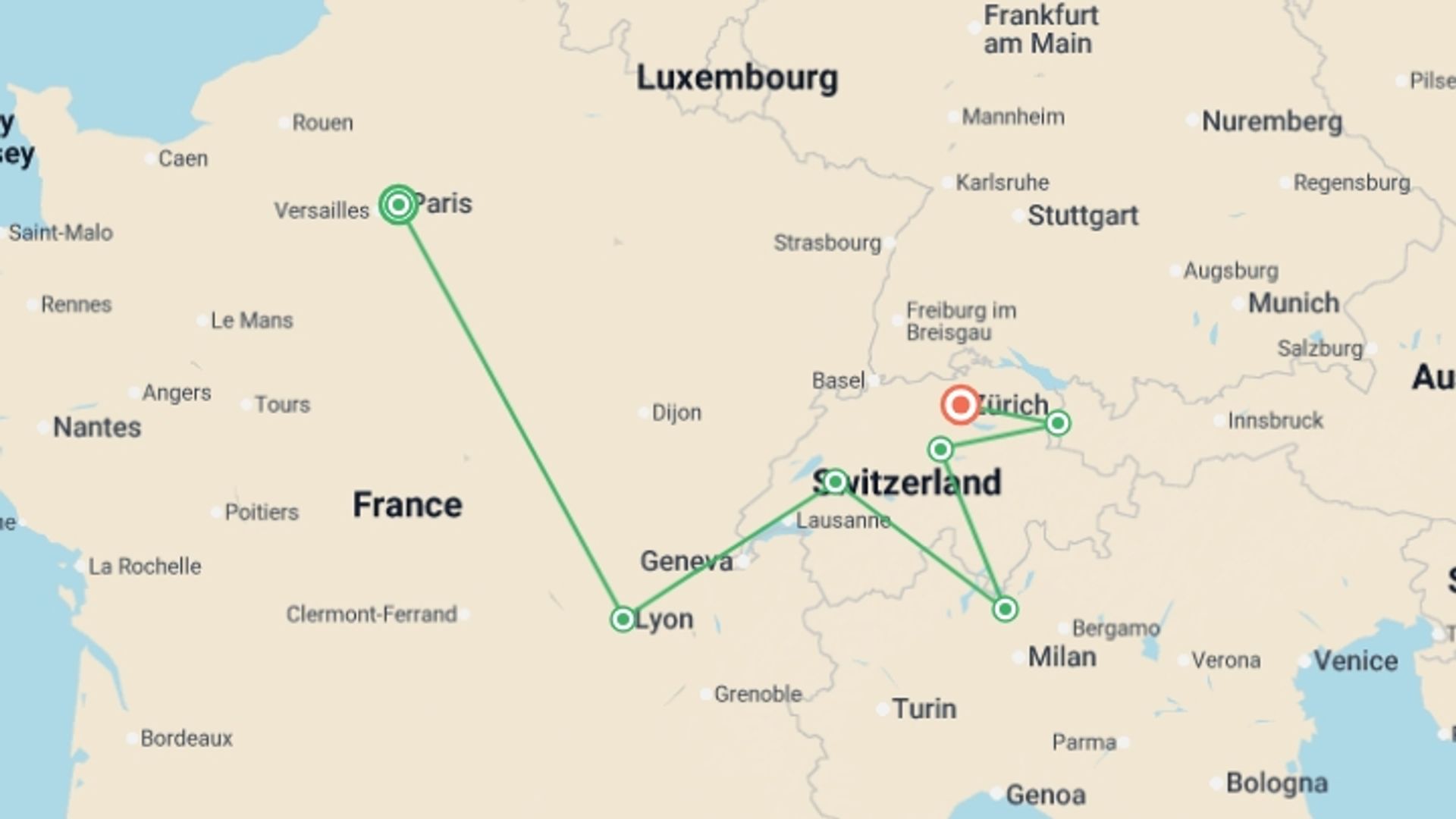 A map showing the tour itinerary for the trip: France and Swiss Alps, starting in Paris, France and ending in Zurich, Switzerland going through 5 other destinations.