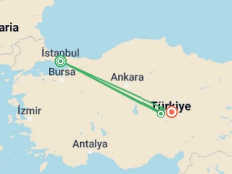 Map itinerary of Turkey Tour in September 2025 with 3 destination visits for the trip: 2-Day Cappadocia Highlights Tour From Istanbul
