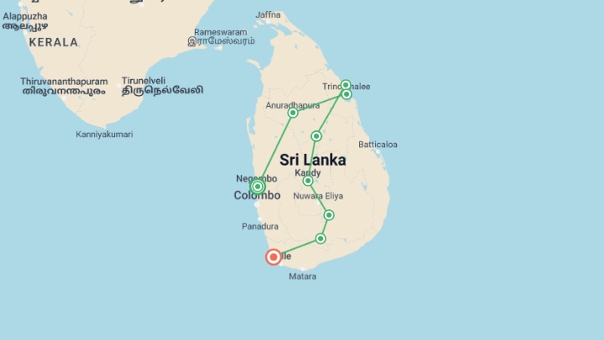 A map showing the tour itinerary for the trip: Awesome Places To Visit In Sri Lanka, starting in Negombo, Sri Lanka and ending in Hikkaduwa, Sri Lanka going through 7 other destinations.