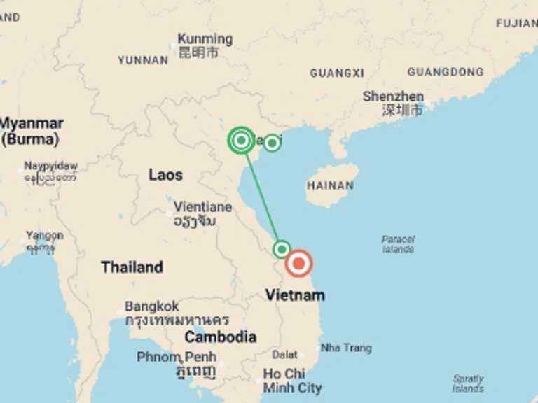 Map itinerary of Asia Tour in May 2026 with 4 destination visits for the trip: Hanoi to Hoi An - 8 days