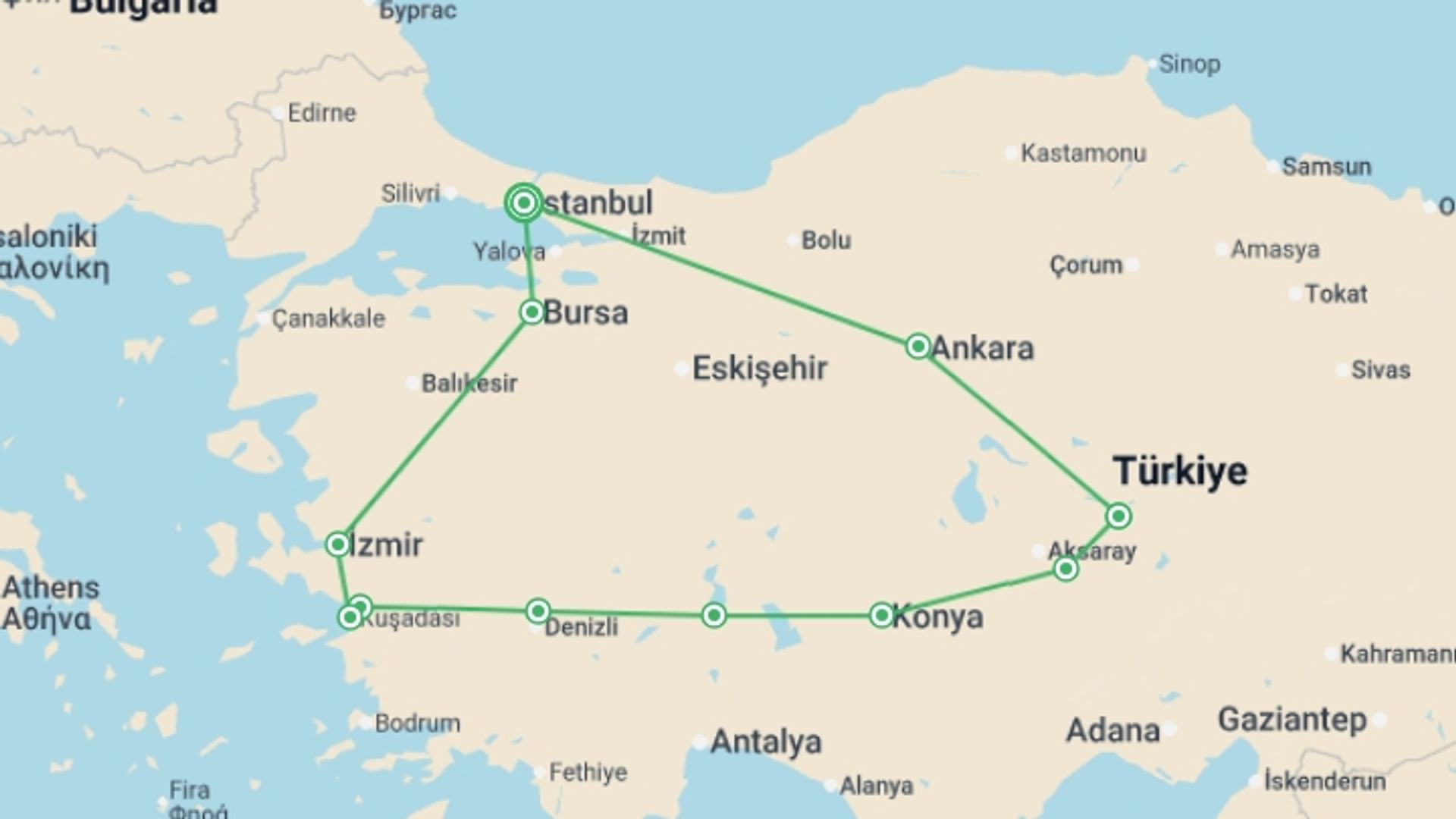 A map showing the tour itinerary for the trip: Turkey, starting in Istanbul, Turkey and ending in Istanbul, Turkey going through 5 other destinations.
