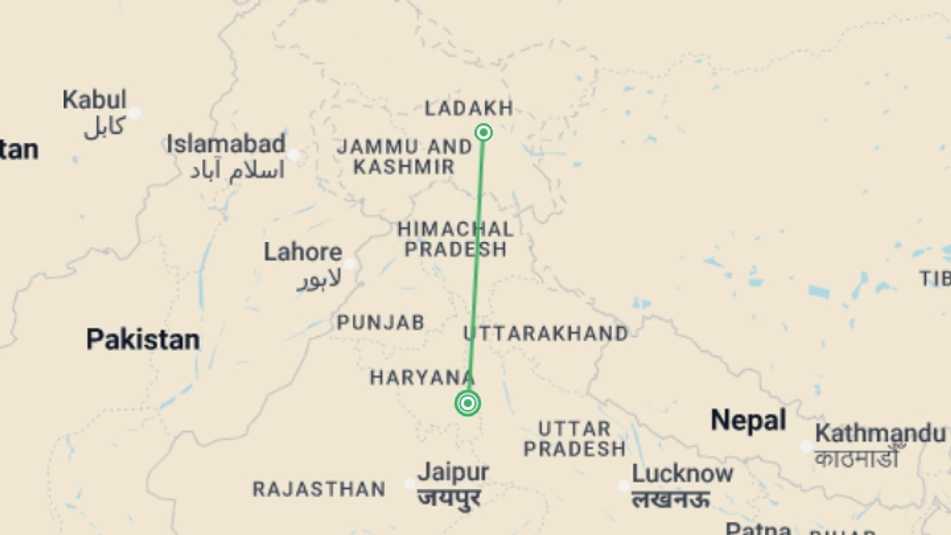 A map showing the tour itinerary for the trip: Leh & Ladakh - 4 days, starting in New Delhi, India and ending in New Delhi, India going through 2 other destinations.