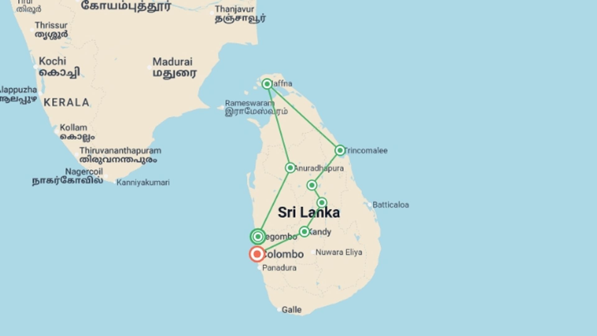 A map showing the tour itinerary for the trip: Sri Lanka Explorer, starting in Negombo, Sri Lanka and ending in Colombo, Sri Lanka going through 6 other destinations.