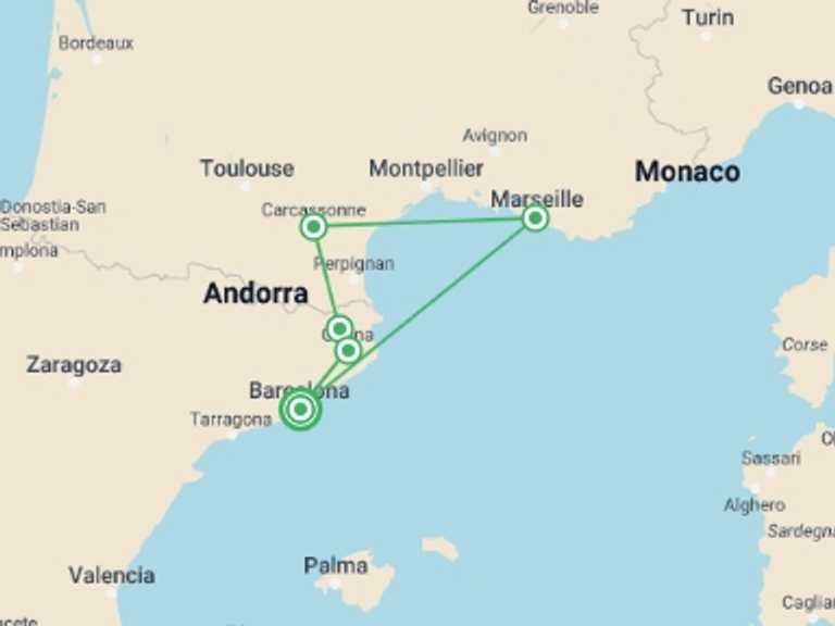 Map of Spain Tour with 3 destination visits for the trip: Catalonia, south of France and Provence