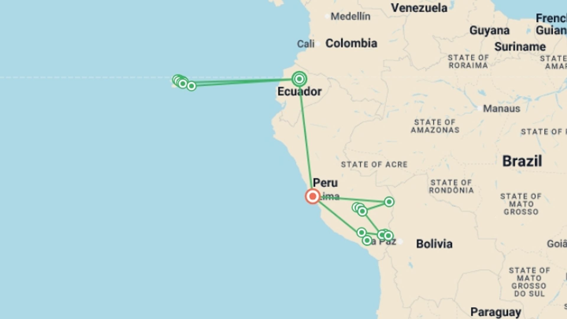 A map showing the tour itinerary for the trip: Galapagos Cruise & Peru in Depth (Grand Queen Beatriz), starting in Quito, Ecuador and ending in Lima, Peru going through 14 other destinations.