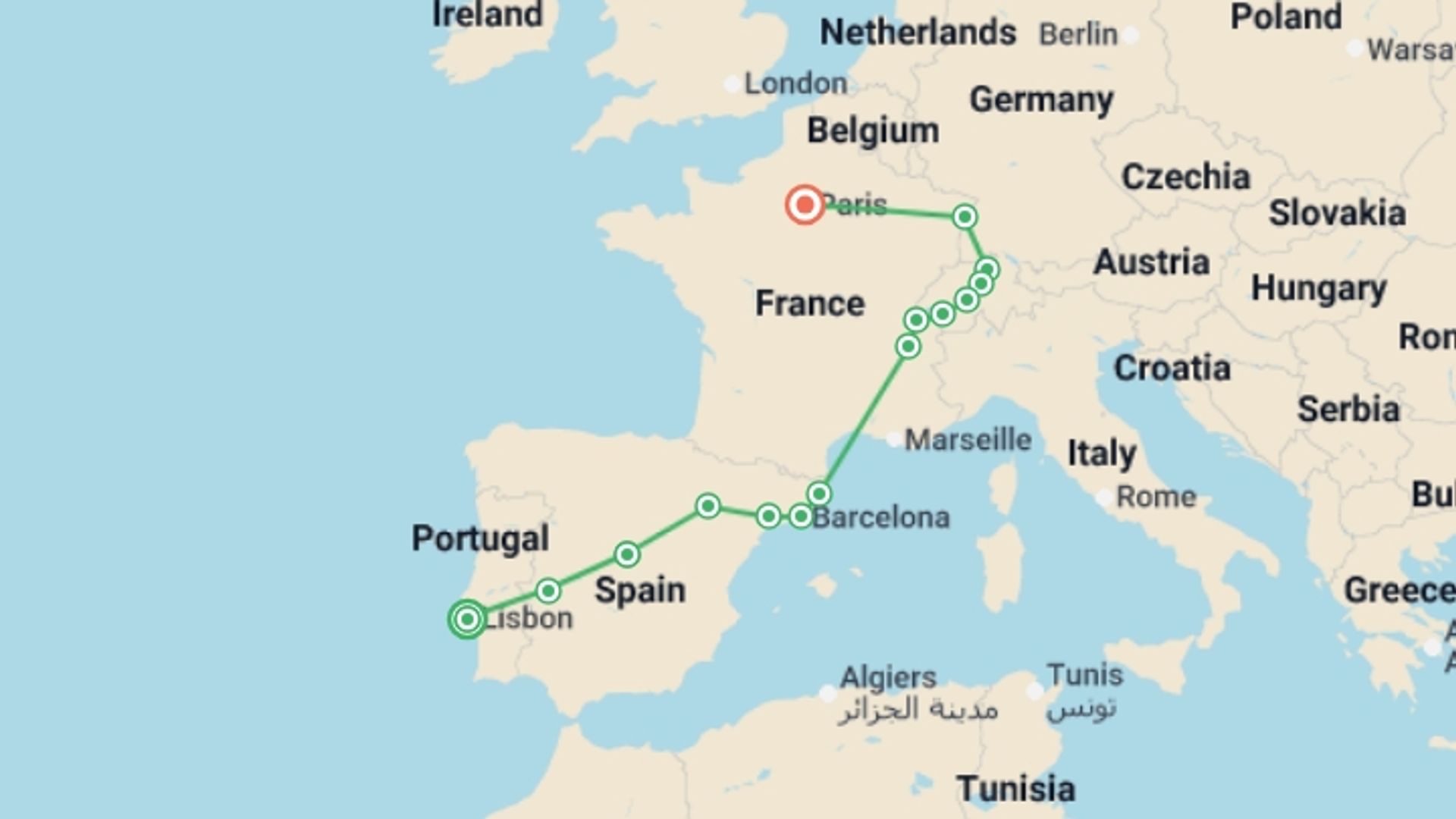 A map showing the tour itinerary for the trip: Portugal, Spain, Switzerland and France, starting in Lisbon, Portugal and ending in Paris, France going through 6 other destinations.