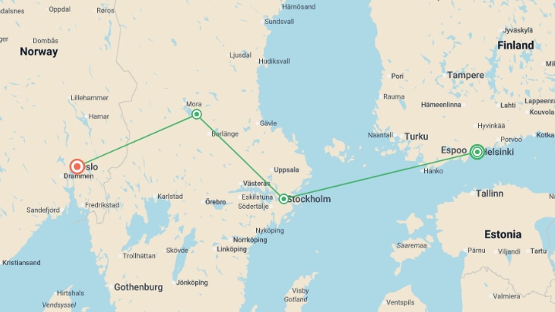 A map showing the tour itinerary for the trip: Classic Scandinavia, starting in Helsinki, Finland and ending in Oslo, Norway going through 2 other destinations.
